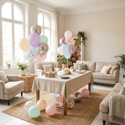 Kleurrijke latex ballonnen in pastel, chroom en confetti liggen en zweven rond een feesttafel in een lichte, stijlvolle woonkamer.