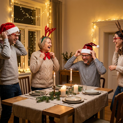Vrolijke groep vrienden met kerstmutsen, glitterbrillen en rendierdiademen lacht rond een feestelijk versierde tafel in warm kerstlicht.