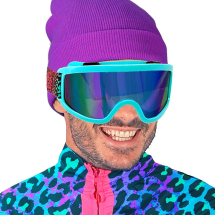 Ski Bril 80s Blauw Regenboog Luipaardprint