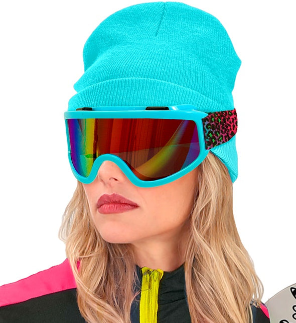 Ski Bril 80s Blauw Regenboog Luipaardprint
