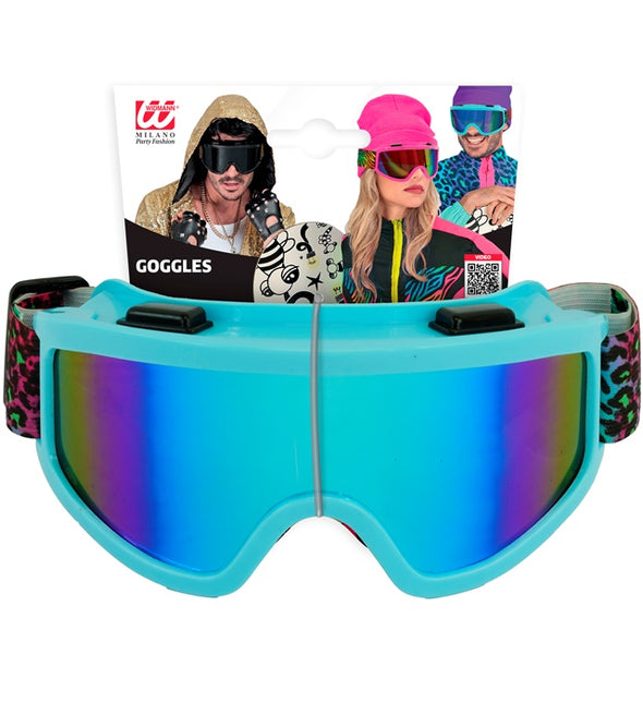 Ski Bril 80s Blauw Regenboog Luipaardprint