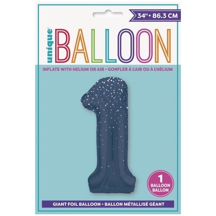 1 Jaar Cijfer Ballon Donkerblauw Stippen 86cm van Unique koop je bij Partywinkel