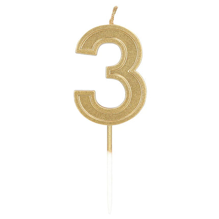 Kaarsje Elegant '3' goud op prikker (3 x 4,2 x 0,7 cm)