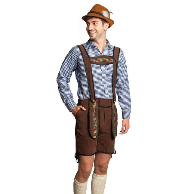 Lederhose Donkerbruin Kort + Blouse Blauw