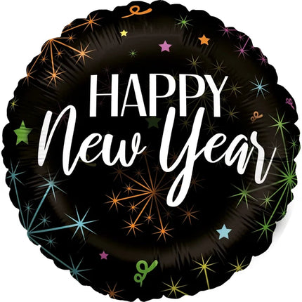 Happy New Year Helium Ballon Zwart Vuurwerk Leeg 45cm