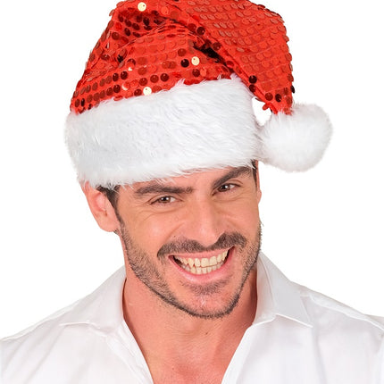 KERSTMAN MUTS PLUCHE EN PAILLETTEN ROOD