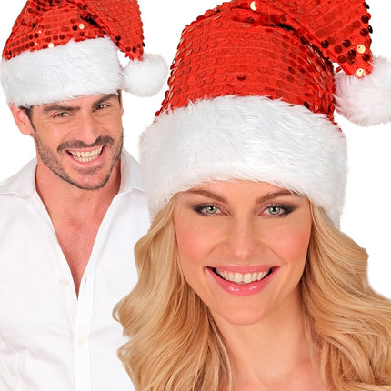KERSTMAN MUTS PLUCHE EN PAILLETTEN ROOD