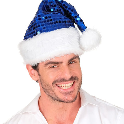 KERSTMAN MUTS PLUCHE EN PAILLETTEN BLAUW