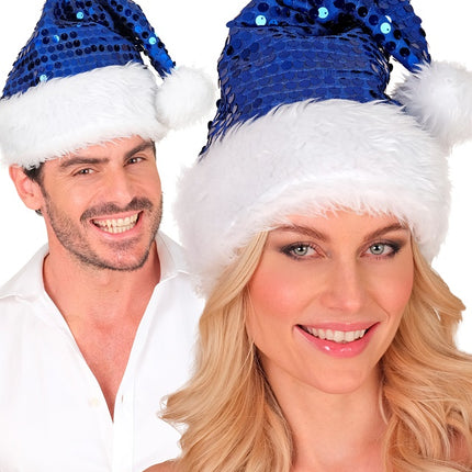 KERSTMAN MUTS PLUCHE EN PAILLETTEN BLAUW