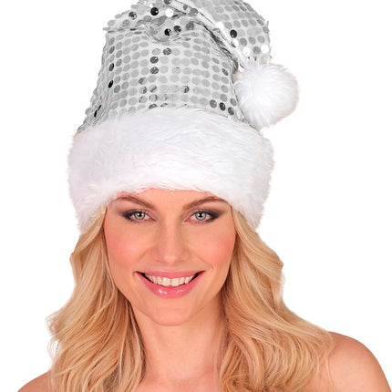 KERSTMAN MUTS PLUCHE EN PAILLETTEN ZILVER