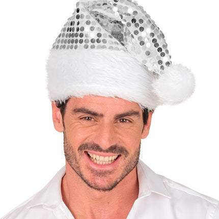 KERSTMAN MUTS PLUCHE EN PAILLETTEN ZILVER