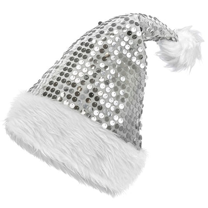 KERSTMAN MUTS PLUCHE EN PAILLETTEN ZILVER