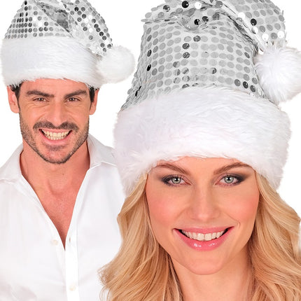 KERSTMAN MUTS PLUCHE EN PAILLETTEN ZILVER