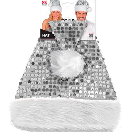 KERSTMAN MUTS PLUCHE EN PAILLETTEN ZILVER