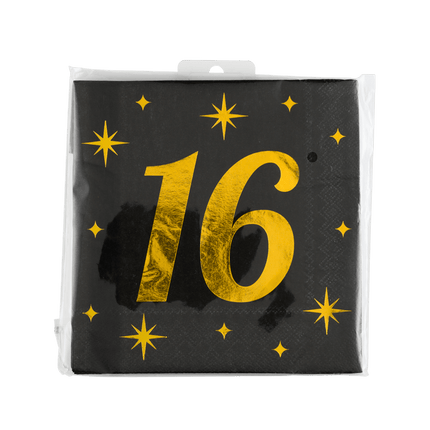 16 Jaar Servetten Zwart Goud 19cm 16st van Paper Dreams koop je bij Partywinkel