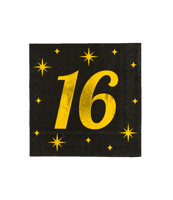 16 Jaar Servetten Zwart Goud 19cm 16st van Paper Dreams koop je bij Partywinkel