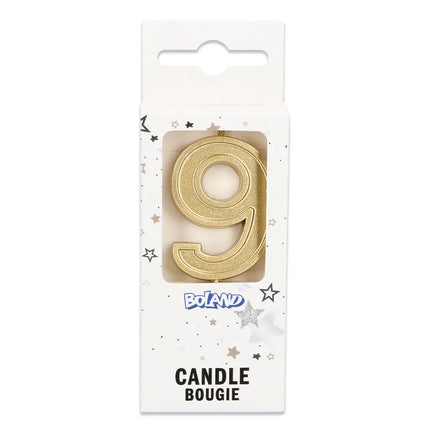 Kaarsje Elegant '9' goud op prikker (3 x 4,2 x 0,7 cm)