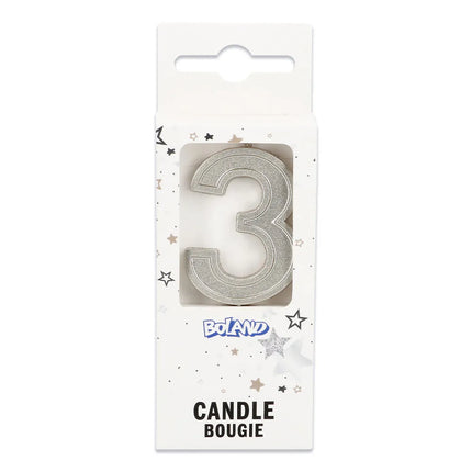 Kaarsje Elegant '3' zilver op prikker (3 x 4,2 x 0,7 cm)