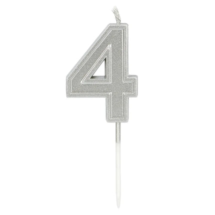 Kaarsje Elegant '4' zilver op prikker (3 x 4,2 x 0,7 cm)