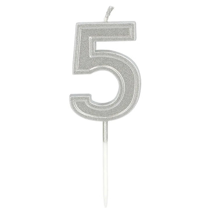 Kaarsje Elegant '5' zilver op prikker (3 x 4,2 x 0,7 cm)