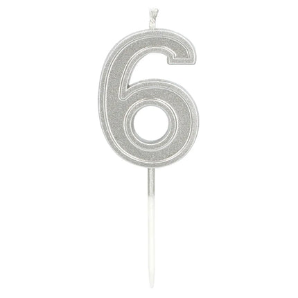 Kaarsje Elegant '6' zilver op prikker (3 x 4,2 x 0,7 cm)