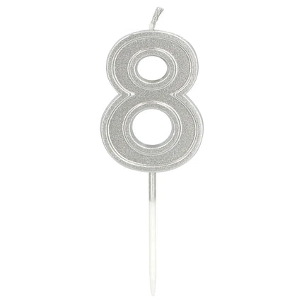Kaarsje Elegant '8' zilver op prikker (3 x 4,2 x 0,7 cm)