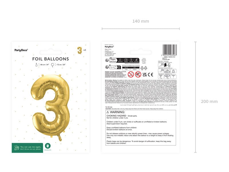 3 Jaar Cijfer Ballon Goud Leeg 72cm van Partydeco koop je bij Partywinkel