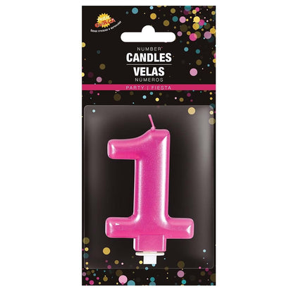 Roze Kaars 1 Jaar Metallic 8cm