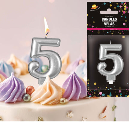 Zilveren Kaars 5 Jaar Metallic 8cm