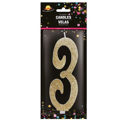 Gouden Kaars 3 Jaar Glitter 12,5cm
