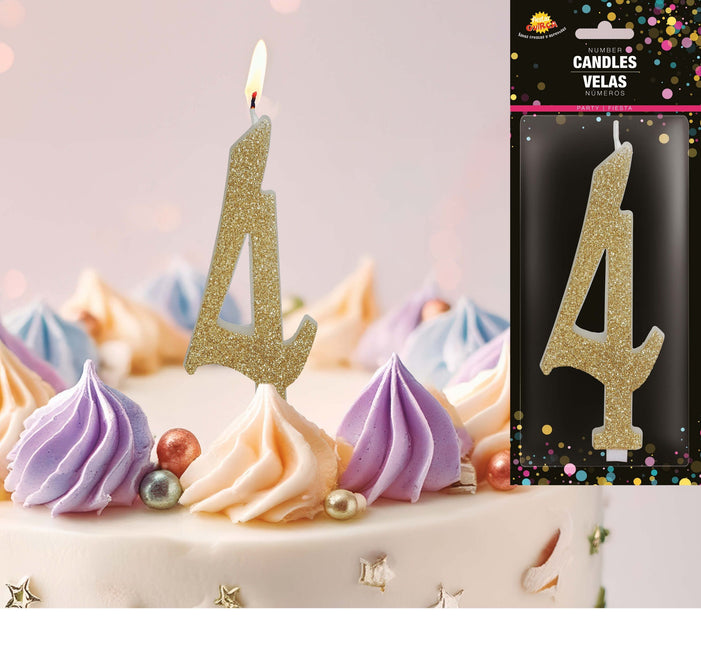 Gouden Kaars 4 Jaar Glitter 12,5cm