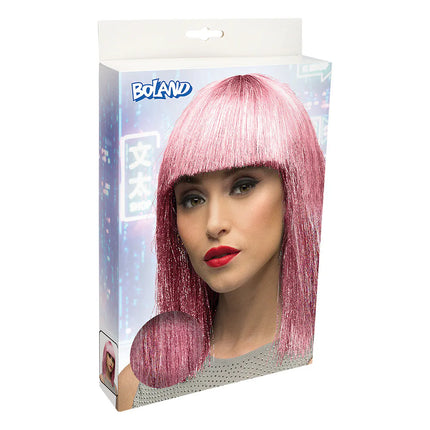 Pruik Crazy roze (zilver tinsel)