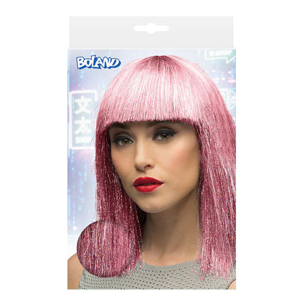 Pruik Crazy roze (zilver tinsel)