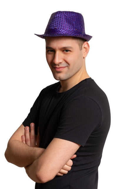 Pailletten Hoedje Paars met licht incl Batterijen