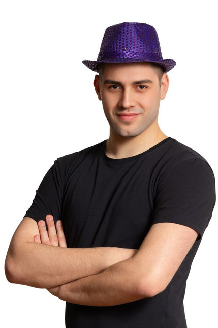 Pailletten Hoedje Paars met licht incl Batterijen