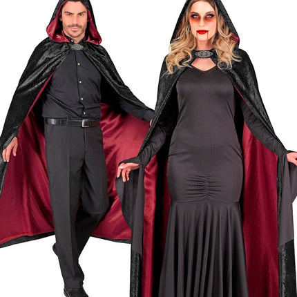 Cape met Kap Zwart Rood Fluweel Met rode Binnenvoering 140cm
