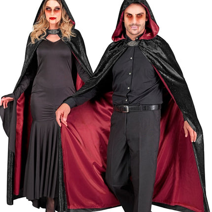 Cape met Kap Zwart Rood Fluweel Met rode Binnenvoering 140cm