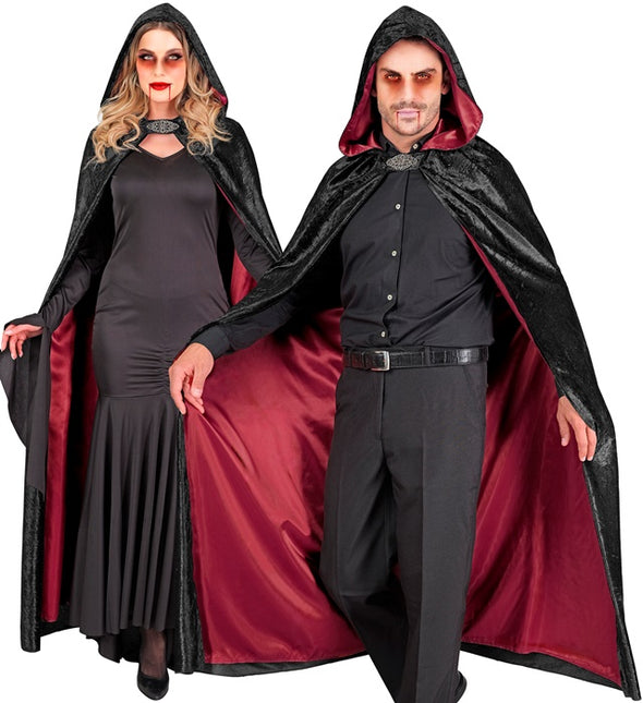 Cape met Kap Zwart Rood Fluweel Met rode Binnenvoering 140cm