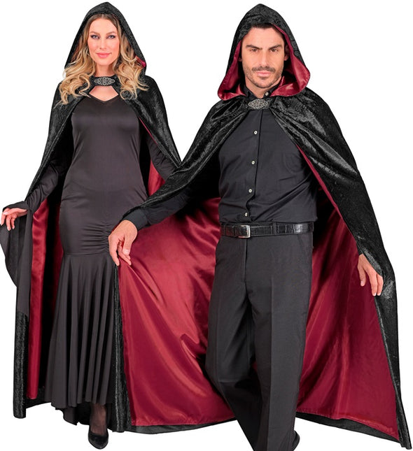 Cape met Kap Zwart Rood Fluweel Met rode Binnenvoering 140cm