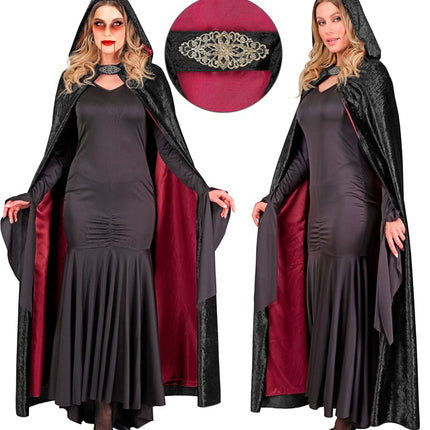 Cape met Kap Zwart Rood Fluweel Met rode Binnenvoering 140cm
