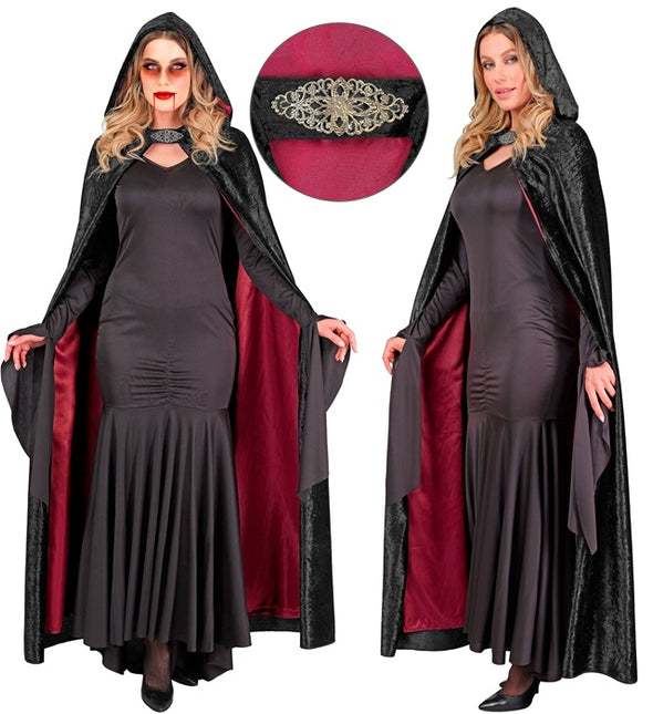 Cape met Kap Zwart Rood Fluweel Met rode Binnenvoering 140cm