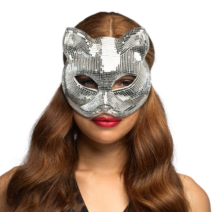 Halfmasker Disco cat zilver