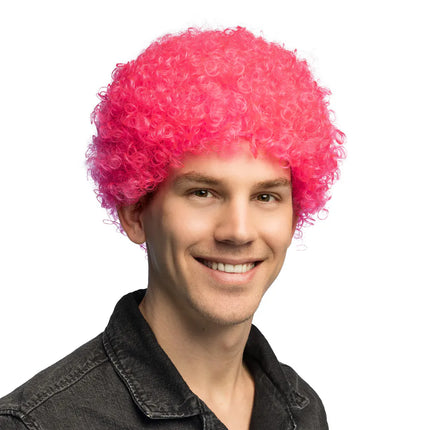 Pruik Curly neonroze UV