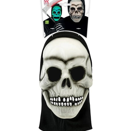 MASKER SCHEDEL MET KAP - LATEX GLOW IN THE DARK