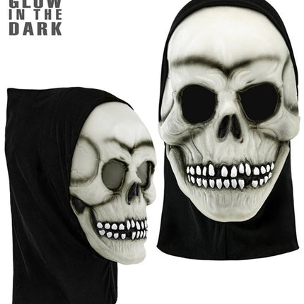 MASKER SCHEDEL MET KAP - LATEX GLOW IN THE DARK