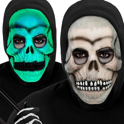 MASKER SCHEDEL MET KAP - LATEX GLOW IN THE DARK