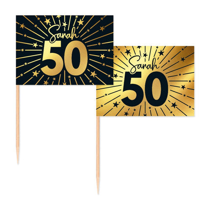 50 Jaar Cocktailprikkers Goud Zwart Sarah 50st van WeFiesta koop je bij Partywinkel