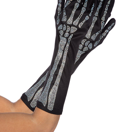 Skelet Handschoenen Zwart Zilver Strass