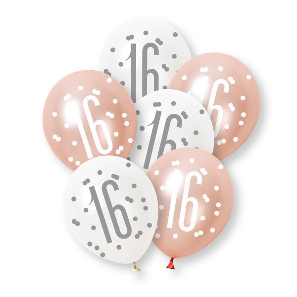 6ct Glitz Rose Gold Number 16 Assorted Platinum & Pearl Premium 30cm Latex Balloons van Unique koop je bij Partywinkel