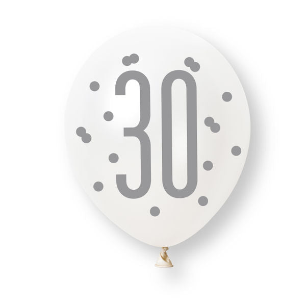 6ct Glitz Rose Gold Number 30 Assorted Platinum & Pearl Premium 30cm Latex Balloons van Unique koop je bij Partywinkel